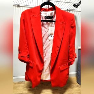 Zara Red Blazzer with gold buttons on the sleeves.